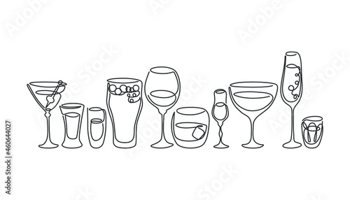 One line drawing martini rum wine liquor champagne tequila beer whiskey vermouth vodka glass on white background. Black and white objects are arranged in row. Hand drawn continuous line way
