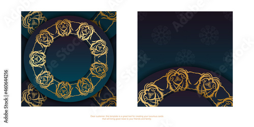 Brochure template with gradient blue color with mandala gold ornament prepared for printing.