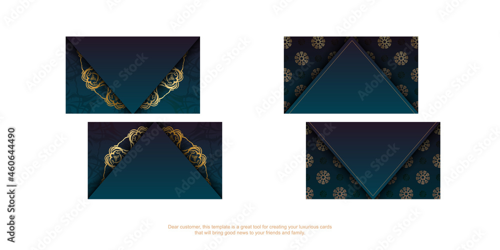 Business card template with gradient blue color with luxurious gold pattern for your contacts.