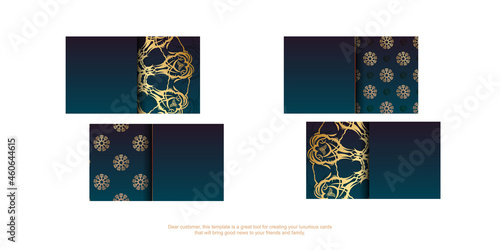 Business card template with gradient blue color with luxurious gold ornaments for your business.