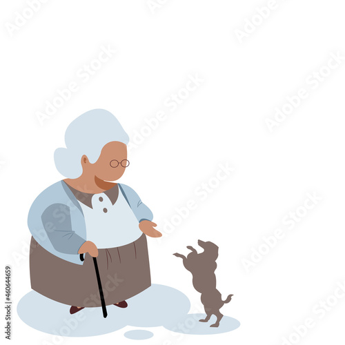 Vector isolate flat design of cartoon no face of Fat old woman wearing round glasses and long skirt, long-sleeved shirt, a bun, holding a cane is playing with her dog is standing on two front legs.