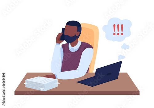 Man distracted from work semi flat color vector character. Sitting figure. Full body person on white. Procrastination isolated modern cartoon style illustration for graphic design and animation
