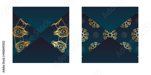Brochure template with gradient blue color with abstract gold pattern prepared for printing.