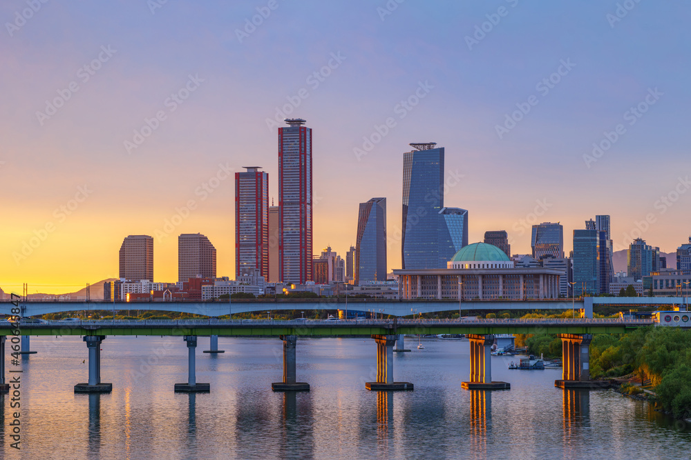 Cityscape of Yeouido and Han River in Seoul at sunrise