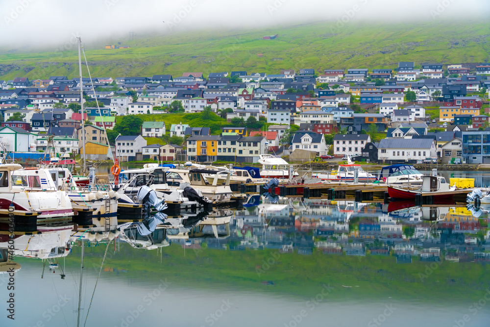 The harbor of Klaksvík, the second largest town of the Faroe Islands, located on Borðoy, one of the northernmost islands of the archipelago