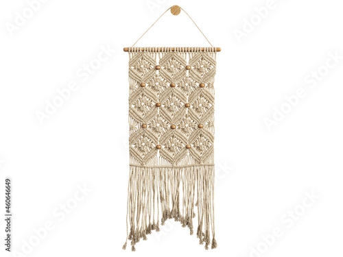 Natural woven wall hanging with wooden inserts. 3d render