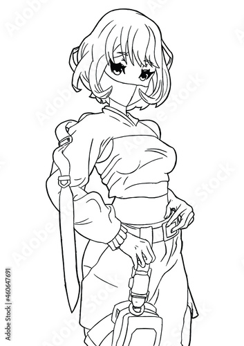 Cute fighting anime manga girl with short hair in a mask in a top and wide pants with red hair and red belts blue eyes linear work vector