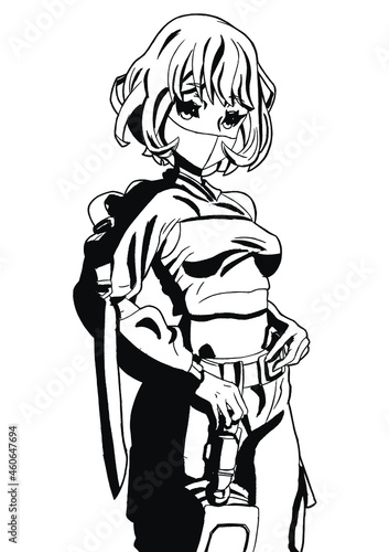 Cute fighting anime manga girl with short hair in a mask in a top and wide pants with red hair and red belts blue eyes manga style vector