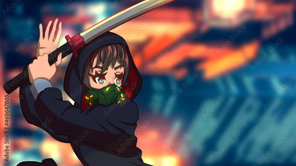 Obraz premium Cute anime manga girl in a fighting pose holding a katana in a toxic respirator fire on her shoes katana incandescent HD Desktop Wallpaper