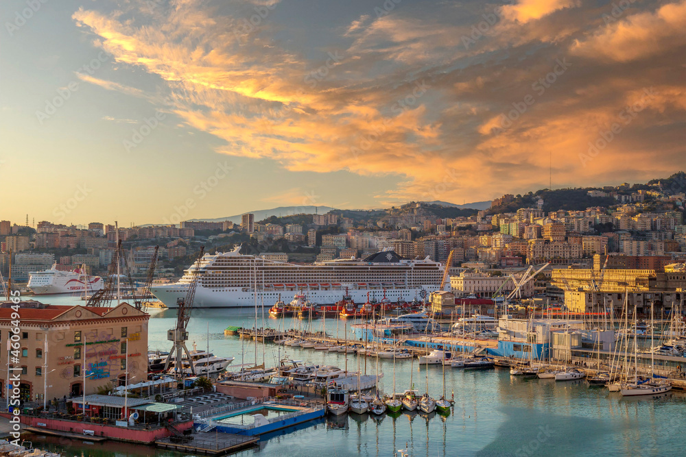 Panoramic view of port of Genoa, Italy