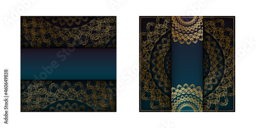 Brochure template with gradient blue color with luxurious gold ornamentation prepared for typography.