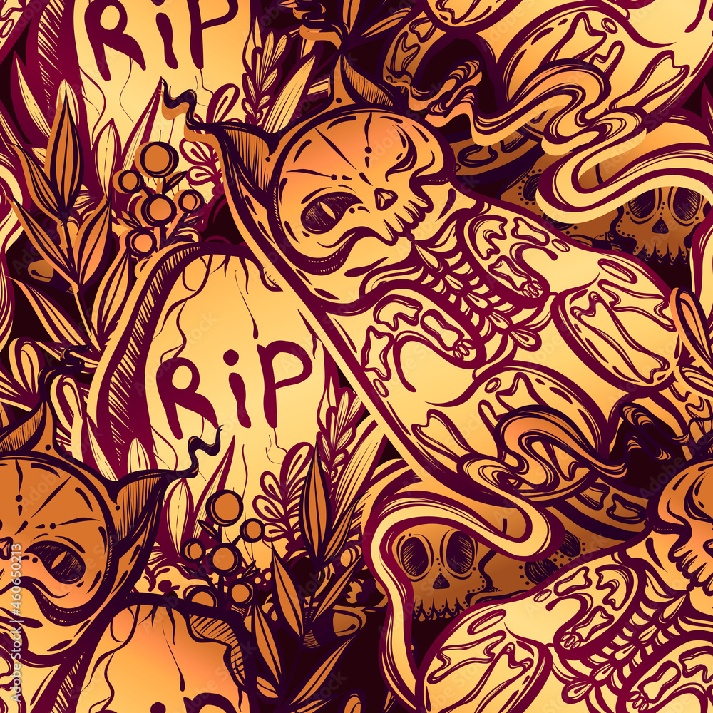 Halloween vector composition with mystical cat skeleton lies on the grave, skulls, t-shirt design, seamless pattern, background dark Halloween vector composition with mystical cat skeleton lies on the grave, skulls, t-shirt design, seamless pattern, background dark