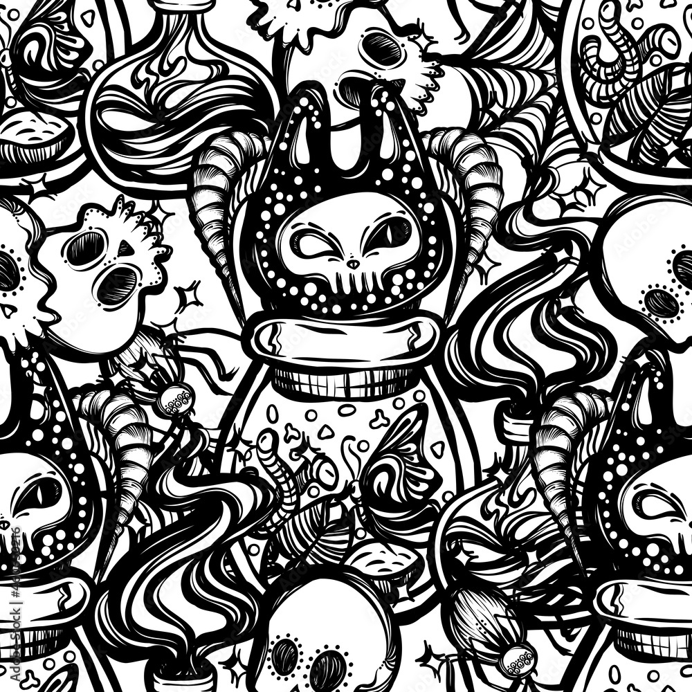 Halloween vector composition with bottles with insects, bottle with potion, skulls, spider, background light, seamless pattern, t-shirt design