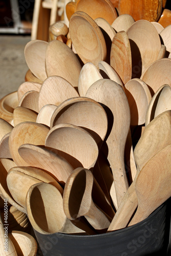 wooden spoons on a market