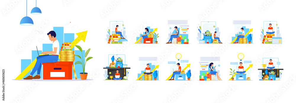 Fototapeta premium Set with men and women taking part in business activities. People in different Business scenes in modern flat style