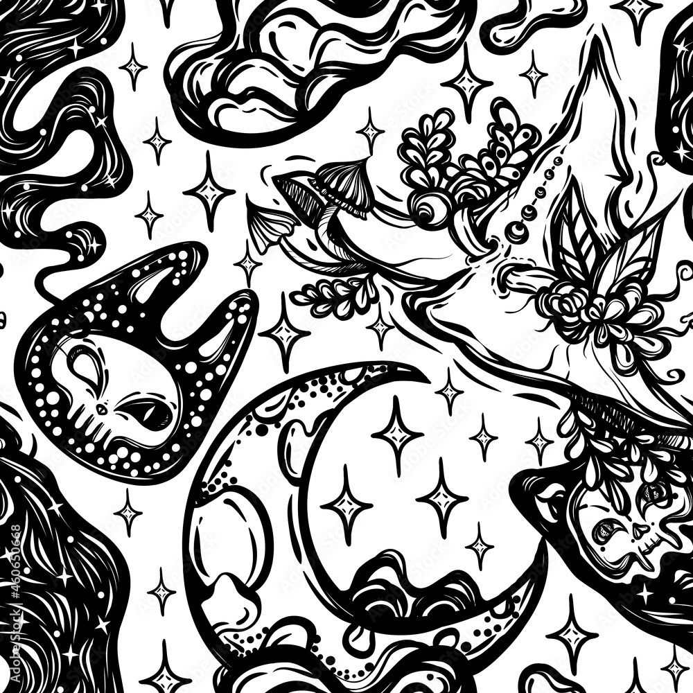 Vector composition with moon in witch hat, ghost, background light, seamless pattern, t-shirt design Vector composition with moon in witch hat, ghost, background light, seamless pattern, t-shirt design