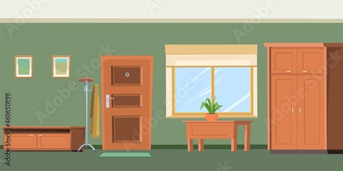 Hallway house. Cozy room in a residential building. Door and window. Furniture in the interior. The walls are painted or covered with green wallpaper. Illustration cartoon style flat design. Vector