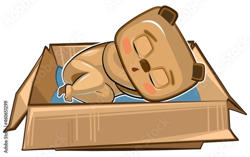 The Bear sleeps in a cardboard box. A pet as a gift or a homeless person. Childrens illustration. The cute animal fell asleep. Picture in cartoon style. Isolated on white background. Vector