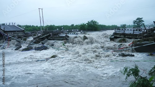 Disaster cloud burst in Himalayas heavy rainfall bridge collapsed. High-quality 4k 60P Apple prores.