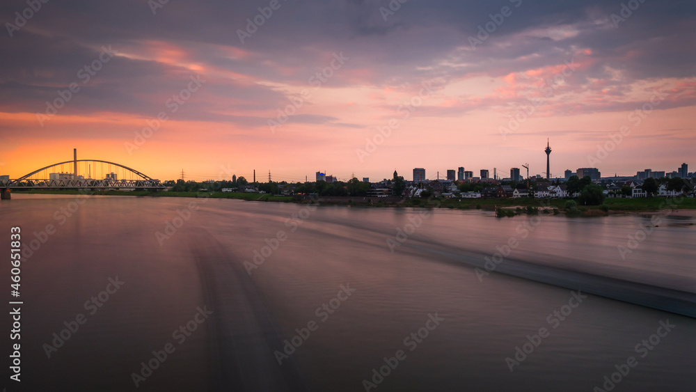 Sunset at rhine river in Düsseldorf, Germany