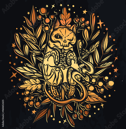 Vector composition with mystical cat skeleton lies in the grass, background  chalkboard, t-shirt design
