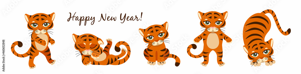 Chinese New Year 2022 year of the tiger. Set of cute tigers in different poses in cartoon on white background. Fits for designing kids clothes, greeting cards, banners, posters. Vector illustration.