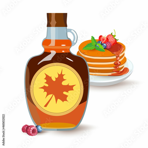Bottle of natural sweet maple syrup with stacked pancakes with blueberry, strawberry and raspberry. Classic hotel breakfast, brunch healthy start day options food. Vector illustration.