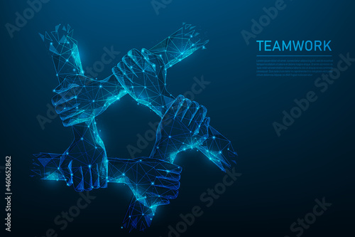 hand teamwork low poly wireframe on blue dark background. people friendship support to success. consist of lines, dots and triangle. vector illustration in fantastic digital design.