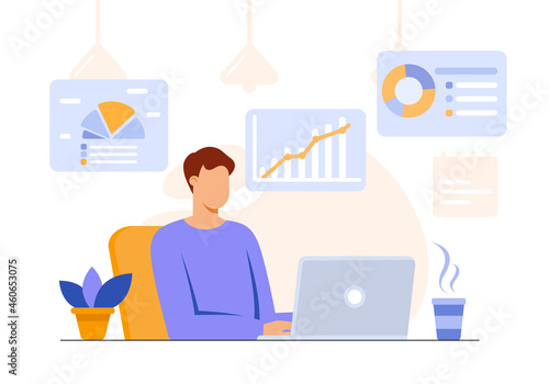 Man working with databases, analyzing, business and statistical process. Big data analysis. Analytics, management and research concept. Office worker making report on laptop. Vector isolated on white