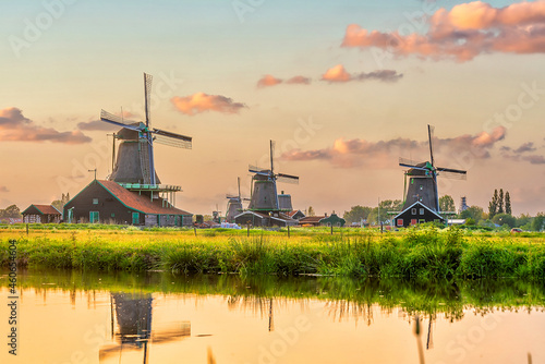 Windmills in Zaanse Schans, Netherlands traditional village in Holland