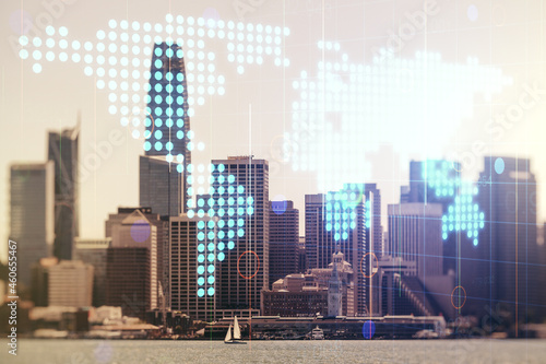 Abstract creative world map interface on San Francisco skyline background, international trading concept. Multiexposure