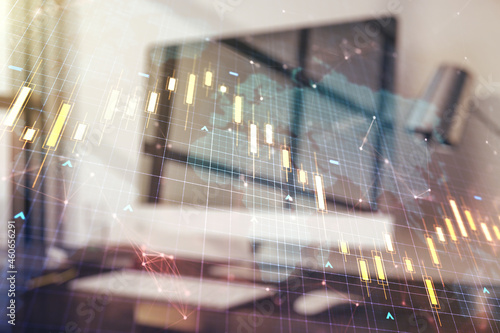 Multi exposure of abstract financial diagram with world map on computer background  banking and accounting concept