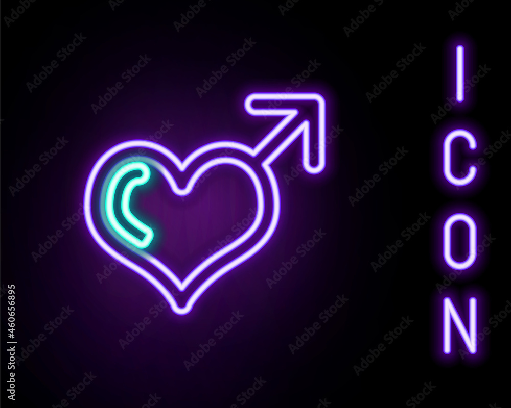 Glowing neon line Male gender symbol and heart icon isolated on black background. Colorful outline concept. Vector Glowing neon line Male gender symbol and heart icon isolated on black background. Colorful outline concept. Vector