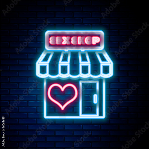 Glowing neon line Sex shop building with striped awning icon isolated on brick wall background. Sex shop, online sex store, adult erotic products concept. Colorful outline concept. Vector