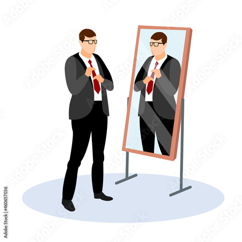 Businessman looking himself in the mirror.man adjusting tie in front of the mirror.Corporate business employee getting ready for work. Flat style isolated vector illustration on white.
