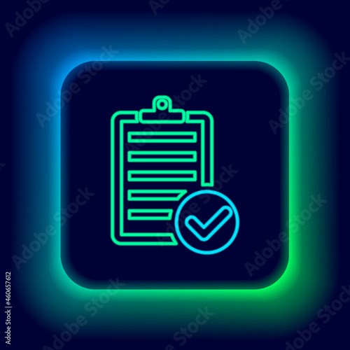 Glowing neon line Verification of delivery list clipboard and pen icon isolated on black background. Colorful outline concept. Vector