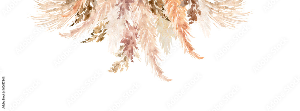 Obraz premium Pampas grass border painted in watercolor. Boho floral neutral colors frame. Botanical boho arrangement isolated on white. Bohemian style wedding invitation, greeting, card, stickers, scrapbooking