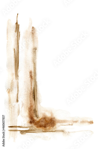 Blurred sepia frame hand painted in watercolor. Washy splashes corner border, banner. Abstract brown background
