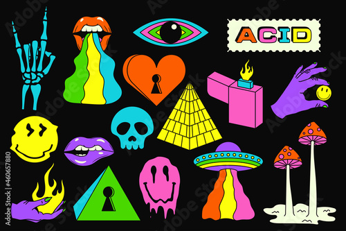 Acid sticker set. Acidic abstract smiles, objects and icons. Funny color pictures in trendy psychedelic style. Vector illustration