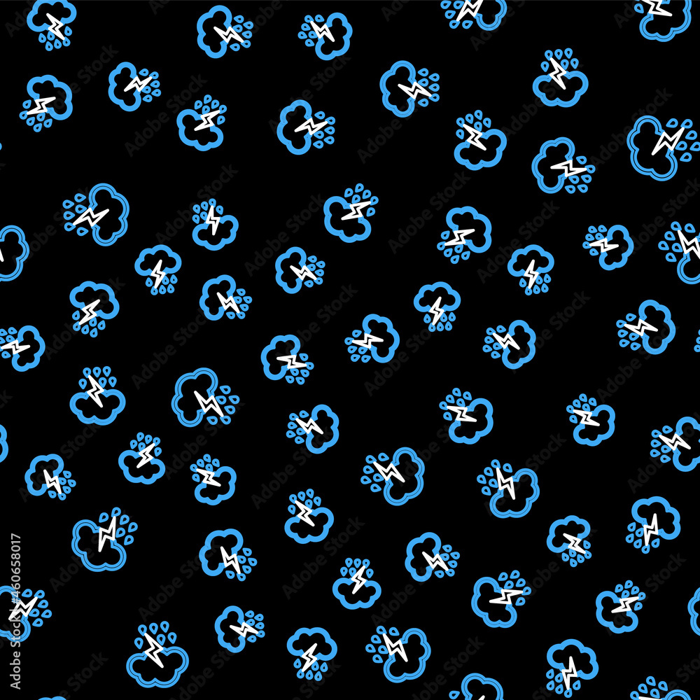 Line Cloud with rain and lightning icon isolated seamless pattern on black background. Rain cloud precipitation with rain drops.Weather icon of storm. Vector Line Cloud with rain and lightning icon isolated seamless pattern on black background. Rain cloud precipitation with rain drops.Weather icon of storm. Vector