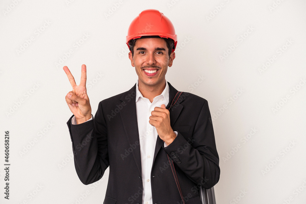 Young architect mixed race man isolated on white background showing number two with fingers. Young architect mixed race man isolated on white background showing number two with fingers.