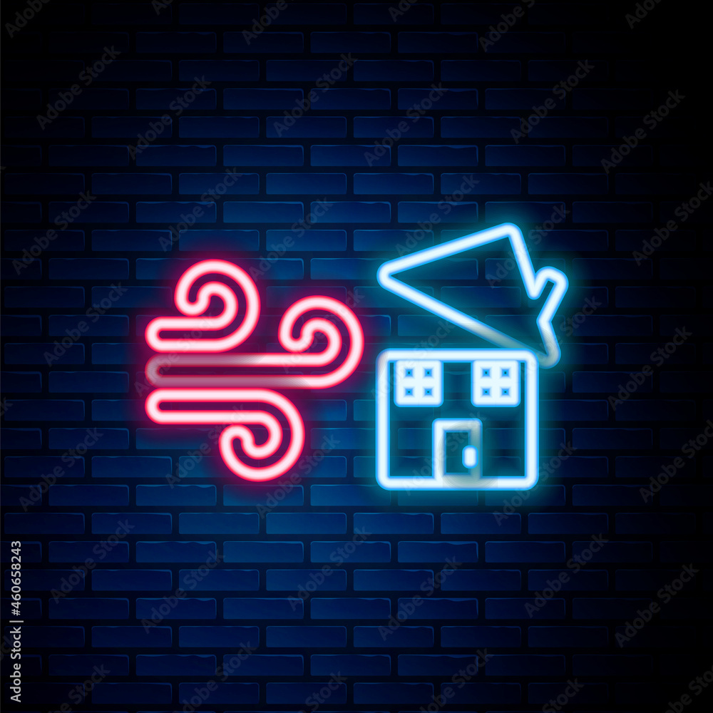 Glowing neon line Tornado swirl damages house roof icon isolated on brick wall background. Cyclone, whirlwind, storm funnel, hurricane wind icon. Colorful outline concept. Vector Glowing neon line Tornado swirl damages house roof icon isolated on brick wall background. Cyclone, whirlwind, storm funnel, hurricane wind icon. Colorful outline concept. Vector