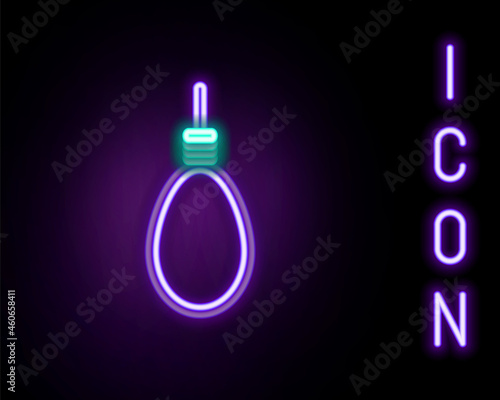 Glowing neon line Gallows rope loop hanging icon isolated on black background. Rope tied into noose. Suicide, hanging or lynching. Colorful outline concept. Vector
