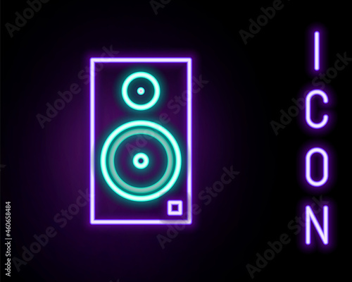 Glowing neon line Stereo speaker icon isolated on black background. Sound system speakers. Music icon. Musical column speaker bass equipment. Colorful outline concept. Vector