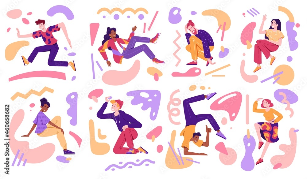 People in different poses. Daily routines, dancing, multiculture. Abstract images, geometric shapes. Concept of creation process. Cartoon flat vector illustration isolated on white background People in different poses. Daily routines, dancing, multiculture. Abstract images, geometric shapes. Concept of creation process. Cartoon flat vector illustration isolated on white background