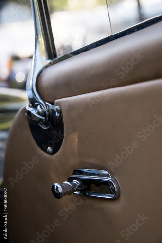 Close up of inside door of a classic car