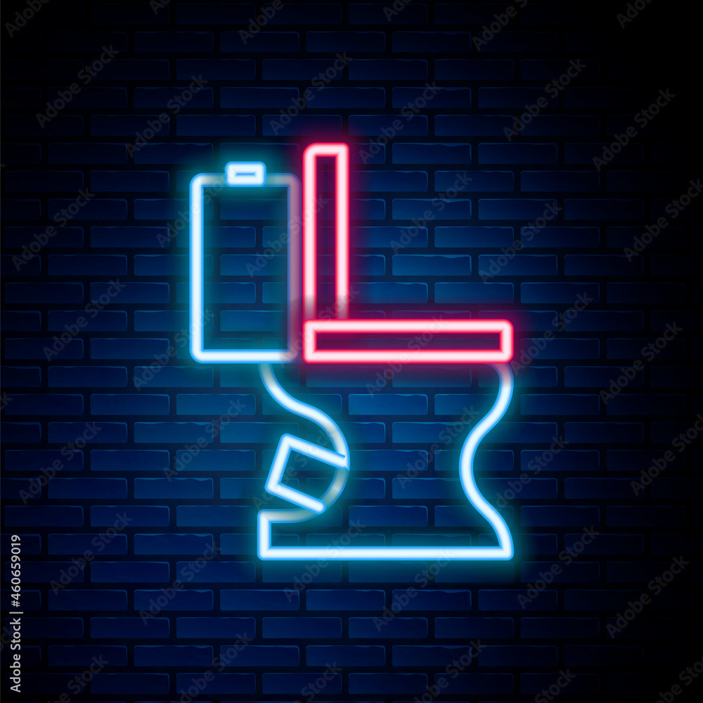 Glowing neon line Toilet bowl icon isolated on brick wall background. Colorful outline concept. Vector Glowing neon line Toilet bowl icon isolated on brick wall background. Colorful outline concept. Vector
