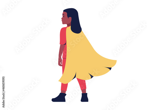 Girl of color dressed in a superhero costume. African american  indian ethcity child. Illustration on a white background. Vector.