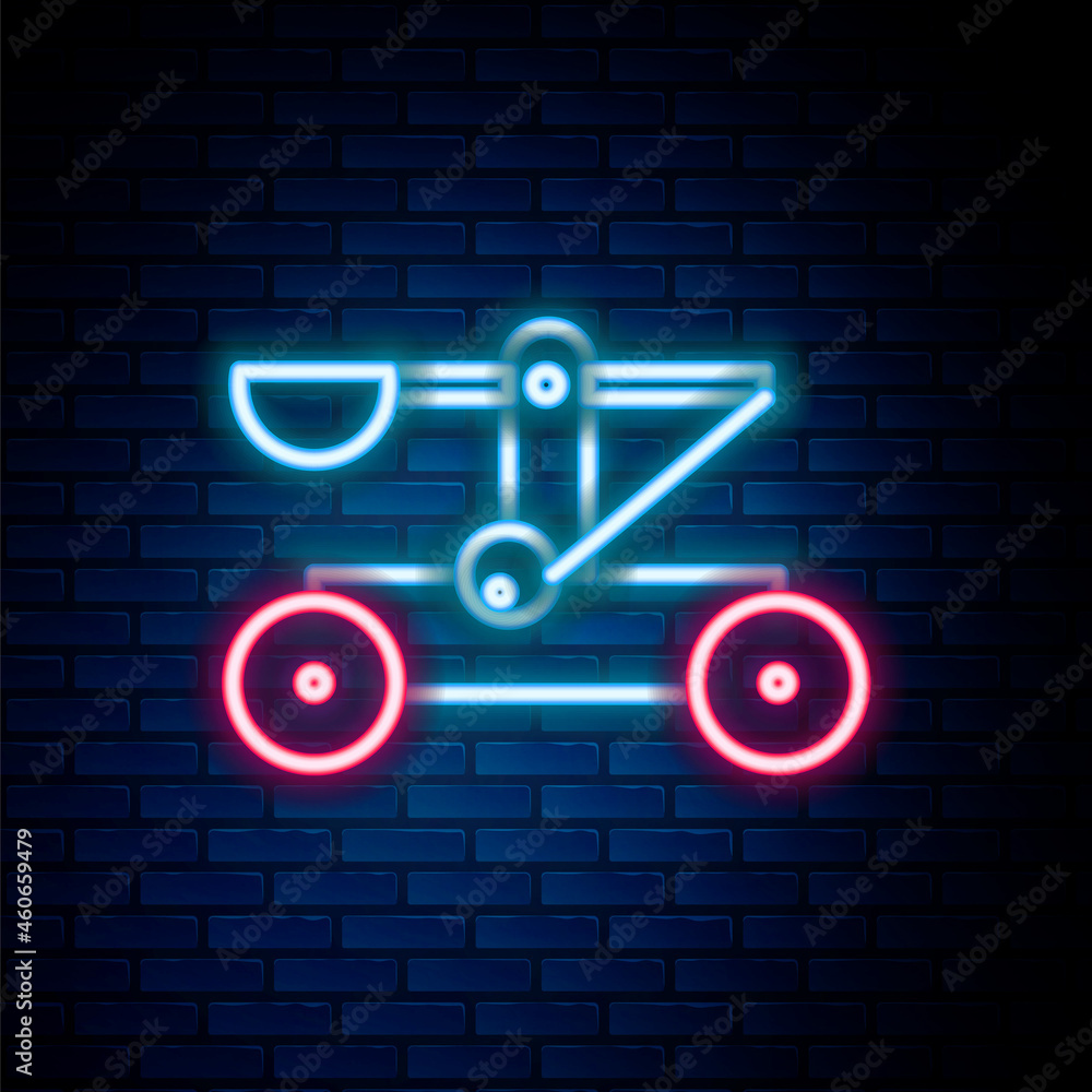 Glowing neon line Old medieval wooden catapult shooting stones icon isolated on brick wall background. Colorful outline concept. Vector Glowing neon line Old medieval wooden catapult shooting stones icon isolated on brick wall background. Colorful outline concept. Vector