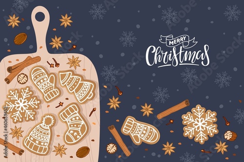 Merry Christmas card with Gingerbread cookies, cutting board and handwritten lettering. Traditional Christmas baking and spices on snowy dark blue background. Flat vector isolated